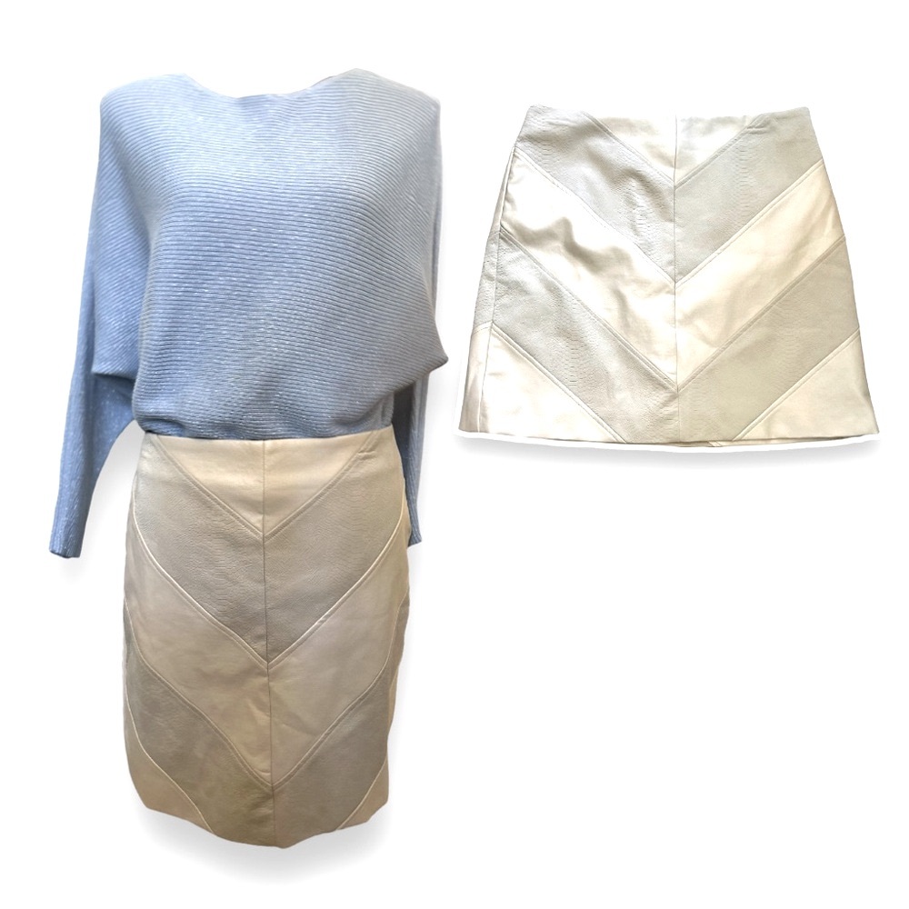 Loveriche Chevron Design Leather Beige & Gray Pencil Skirt Size Large NWT